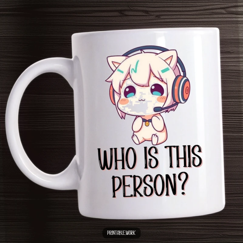 Funny mug showing a character wearing a headset, looking utterly confused and questioning its own reflection in a comical way.