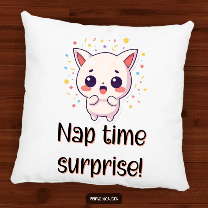 Funny pillow with a startled Kawaii character and a burst of confetti, offering comfort and humor.