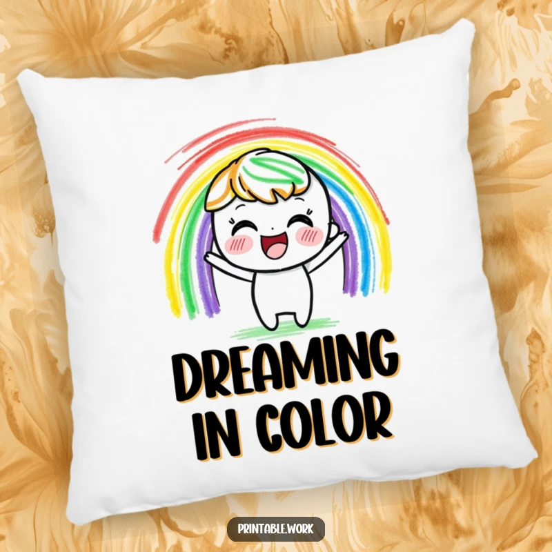 Funny delighted crayon character pillow, happily drawing a vibrant rainbow with colorful strokes, adding comfort and cheerful decor.