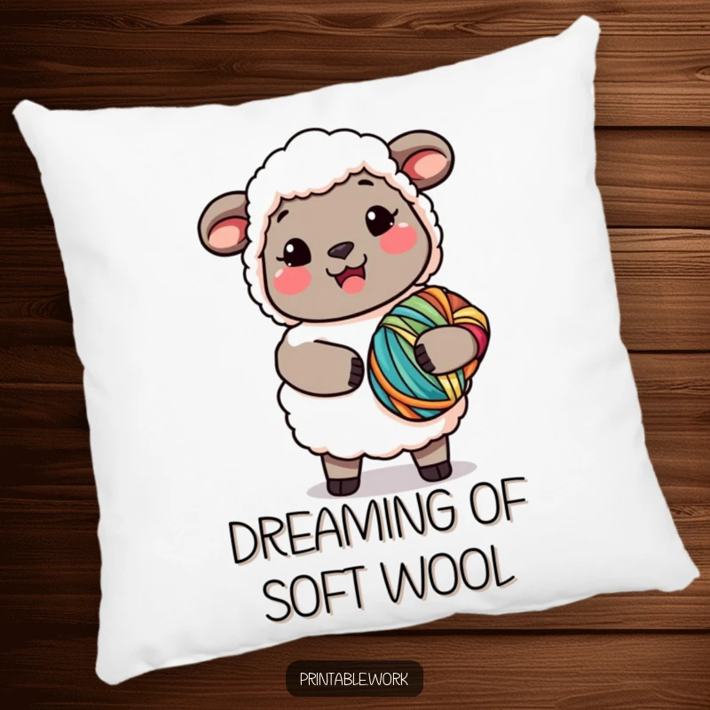 Funny Kawaii Sheep Yarn Pillow with a joyful sheep holding yarn, offering comfort and a touch of crafting humor, a perfect funny gift.