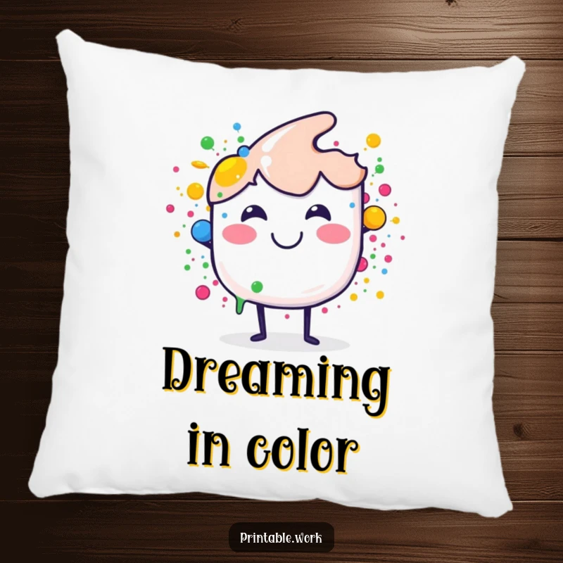 Funny pillow with a smiling paint brush splashing colorful dots, offering artistic comfort and a fun, funny gift.
