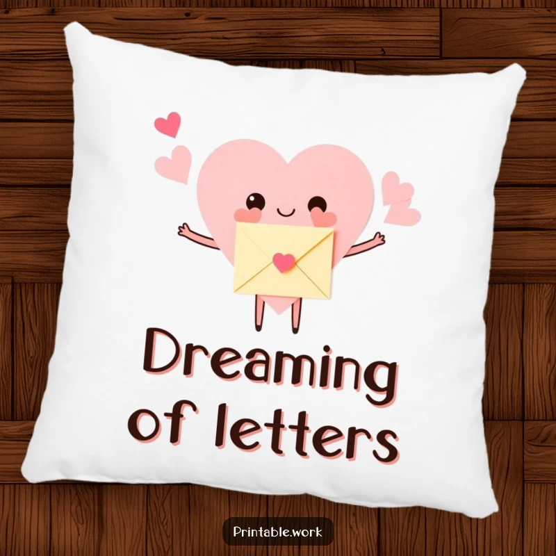 Funny Pillow with a soft paper heart character, arms open in a hug for a tiny envelope. A comforting and humorous decorative accent.