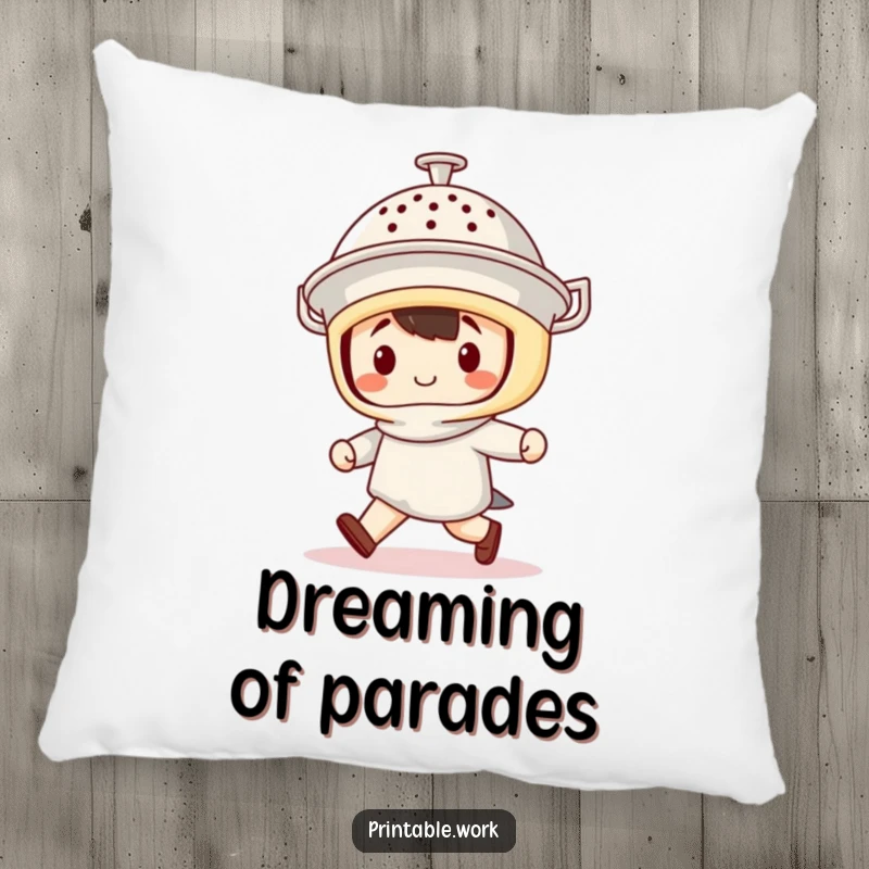 Funny Pillow: Soft and plush pillow showcasing a kawaii character bravely marching with a colander helmet, providing comfort and humor.