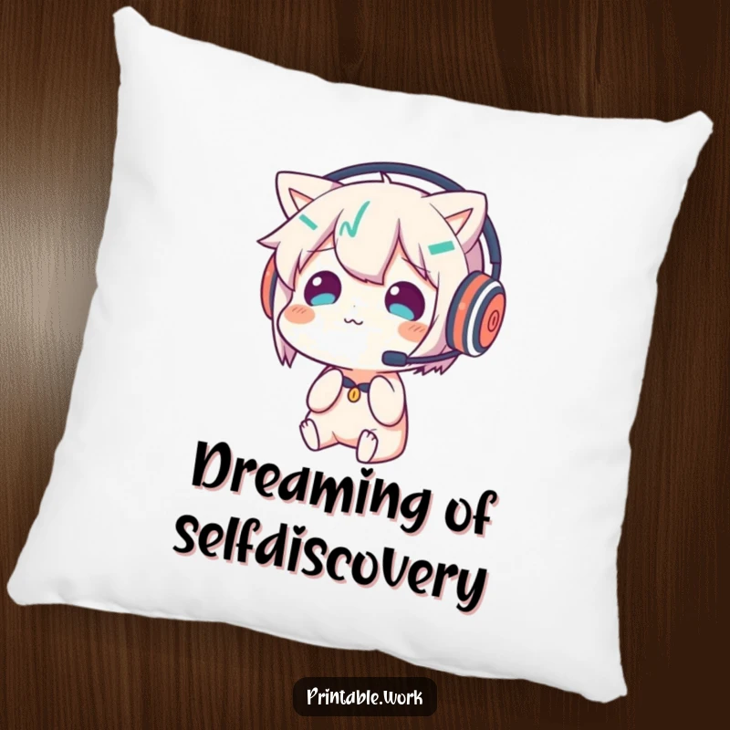 Funny pillow featuring a character wearing a headset and looking confused at its reflection, perfect for comfortable, humorous lounging.