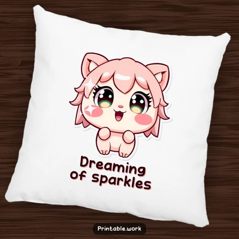 Funny Kawaii character with wide eyes staring at a sparkling sticker printed on a soft, decorative pillow for cozy fascination.