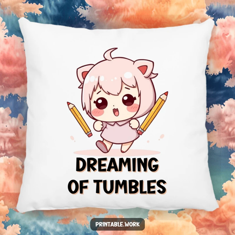 Funny Kawaii character in a comical pencil tumble printed on a soft, decorative pillow for cozy and humorous moments.