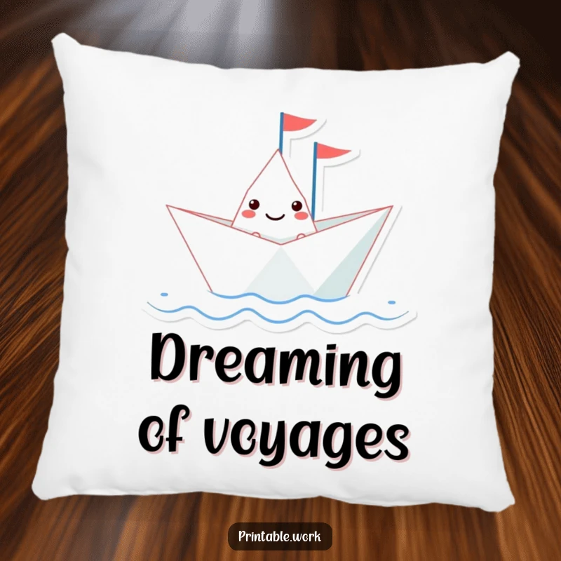 Funny paper boat character with a tiny flag sailing on a wavy line, depicted on a soft pillow, perfect for cozying up.