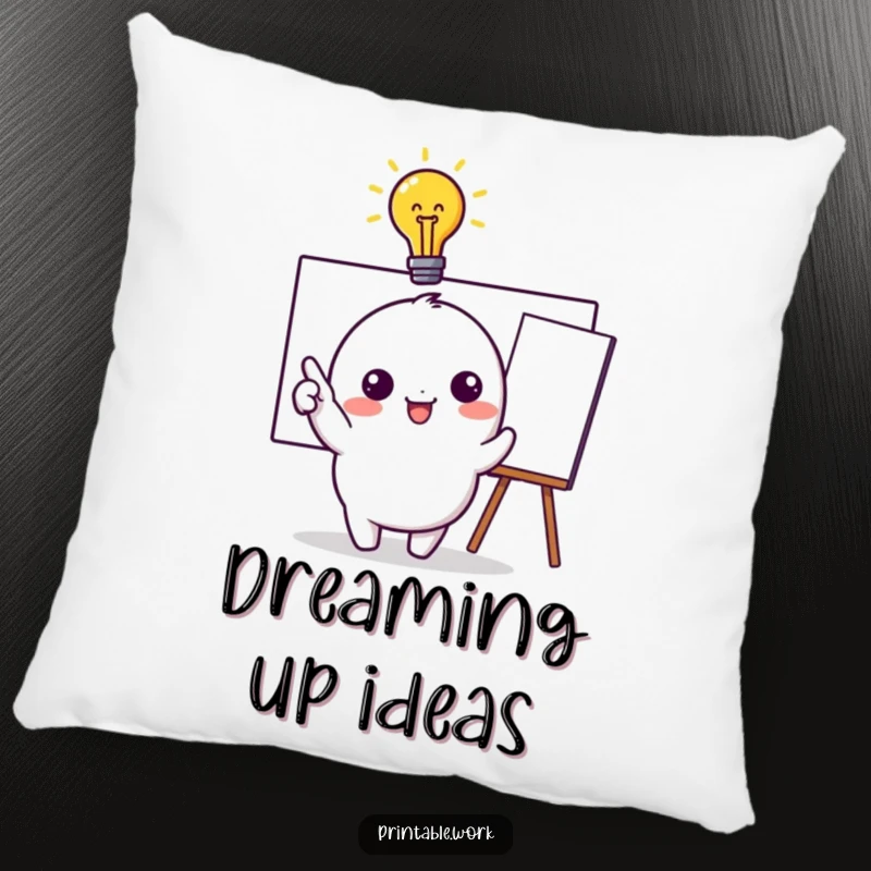 Funny Pillow: Soft and plush pillow featuring a kawaii character with a lit idea bulb and pointing to a whiteboard, perfect for cozy brainstorming.