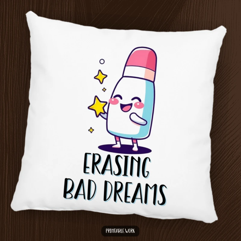 Funny giggling eraser character pillow, happily polishing a sparkling star, adding comfort and a neat sparkle to any room.