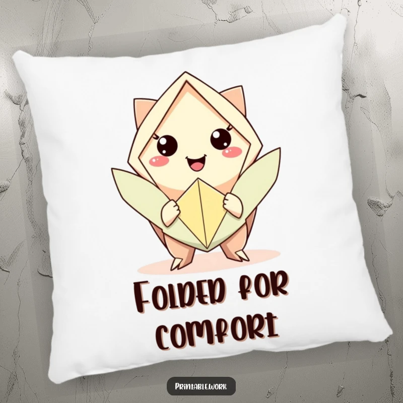 Funny decorative pillow featuring a character offering origami, bringing artistic humor and cozy comfort.