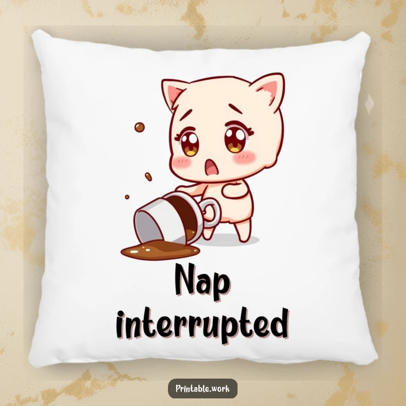 Funny pillow featuring a character with surprised eyes trying to catch a flying, spilled coffee mug, a humorous depiction of a messy moment.