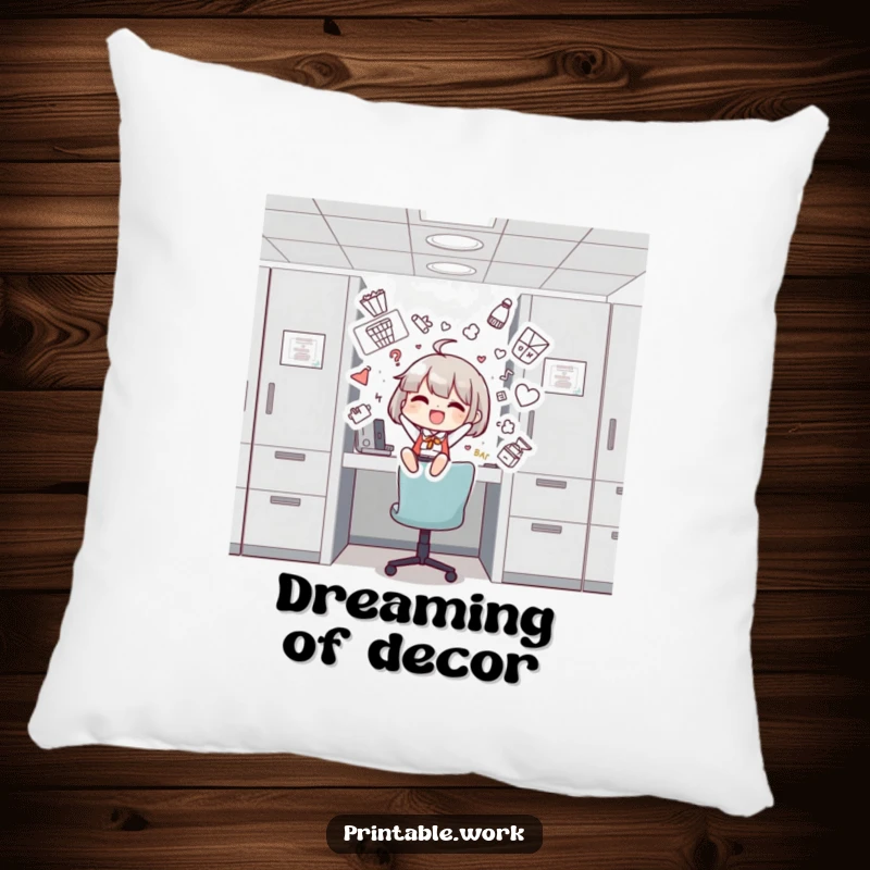 Funny pillow with a character adorning a cubicle with quirky illustrations, adding comfort and humor to any room.