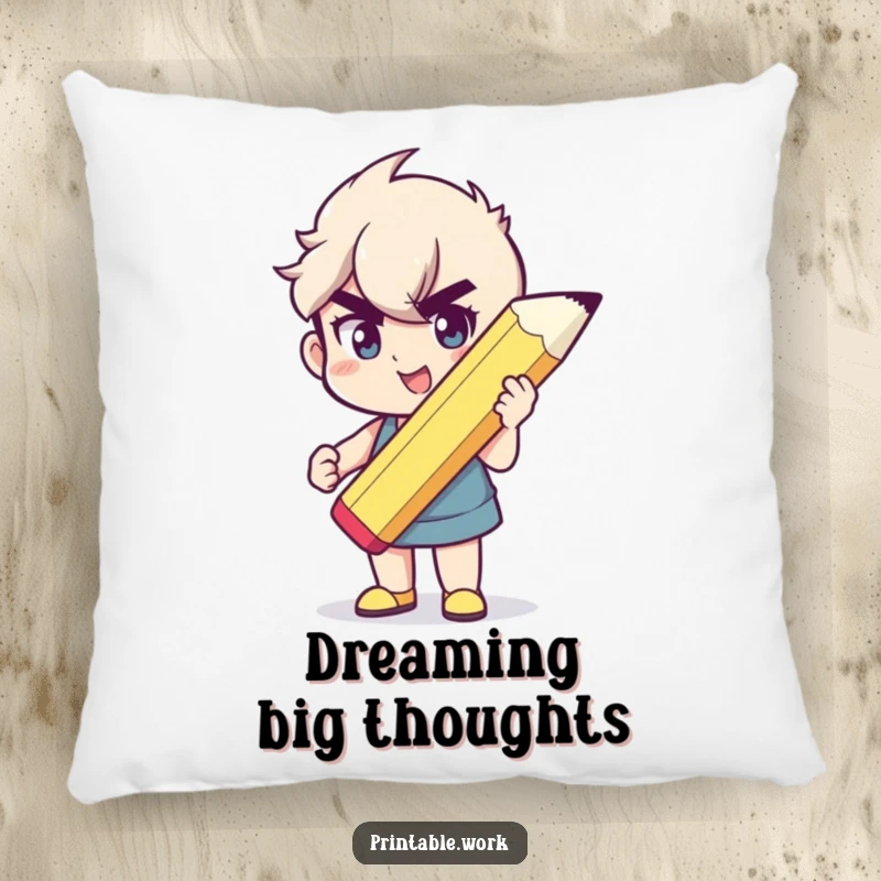 Funny decorative pillow with a character holding a giant pencil, bringing artistic humor and cozy comfort.