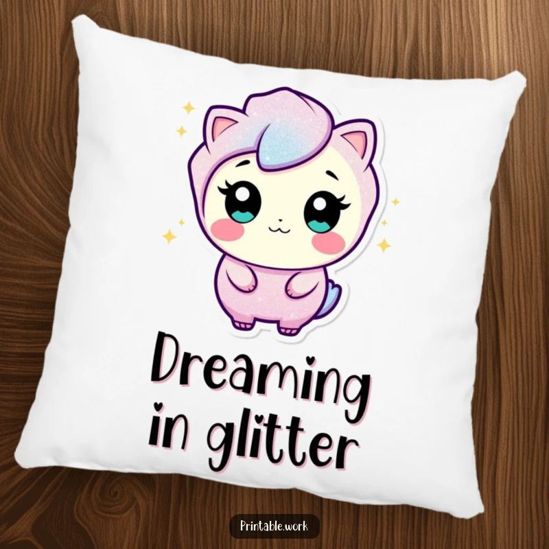 Funny pillow with a curious glitter character, sparkling and wiggling to add a touch of playful comfort and humor.
