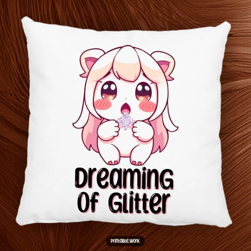 Funny pillow with a surprised character holding a single glitter flake, offering comfort and a touch of whimsical wonder.