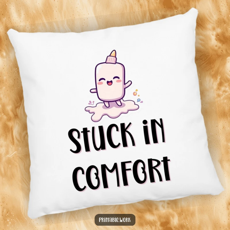 Funny pillow with a cheerful glue stick trailing shiny goo, offering comfort and a creative, humorous visual.