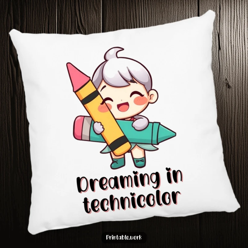 Funny pillow with a happy character holding a large, vibrant crayon, perfect for adding comfort, color, and a touch of art.