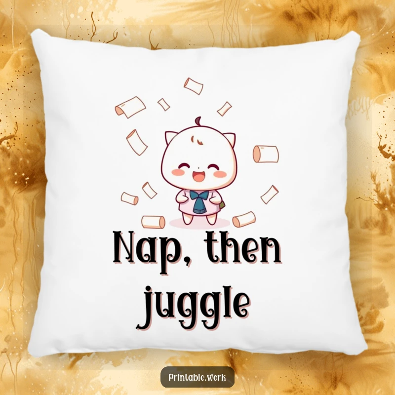 Funny Juggling Pillow: A character grinning while playfully juggling tiny rolls of paper, offering soft comfort.