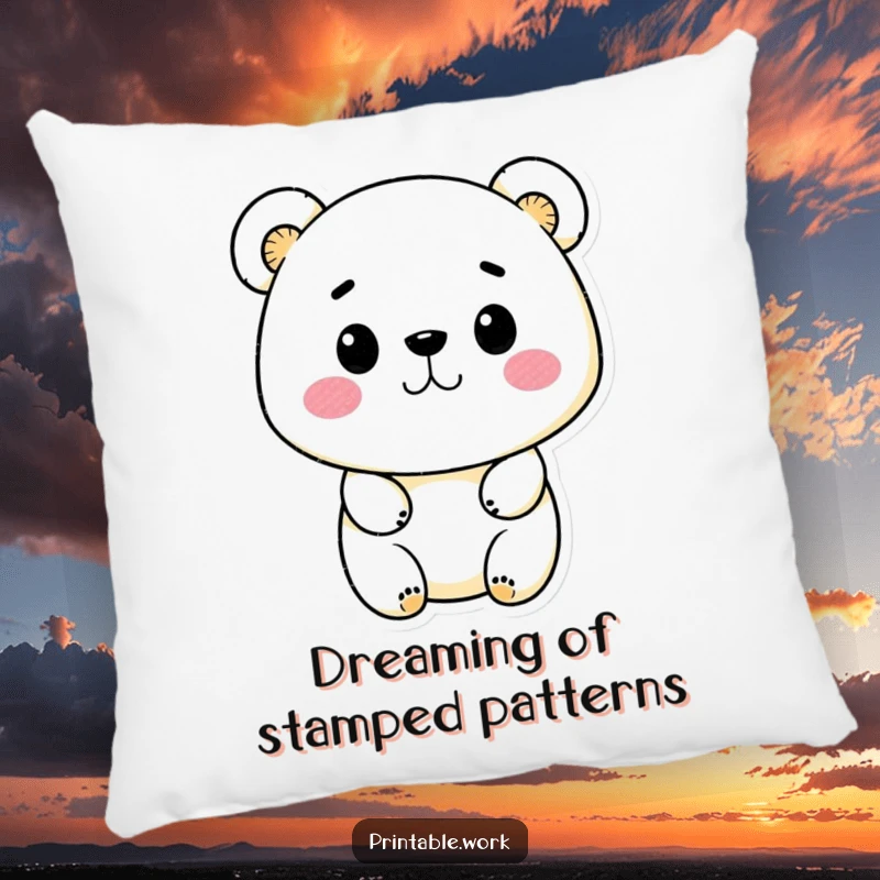 Funny Kawaii bear character sitting on a pillow, using ink stamps, embodying cozy creativity and playful humor.