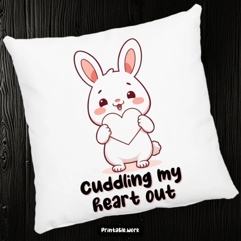 Funny Kawaii rabbit character sitting on a pillow, happily cutting a heart, embodying comfort, love, and cheer.