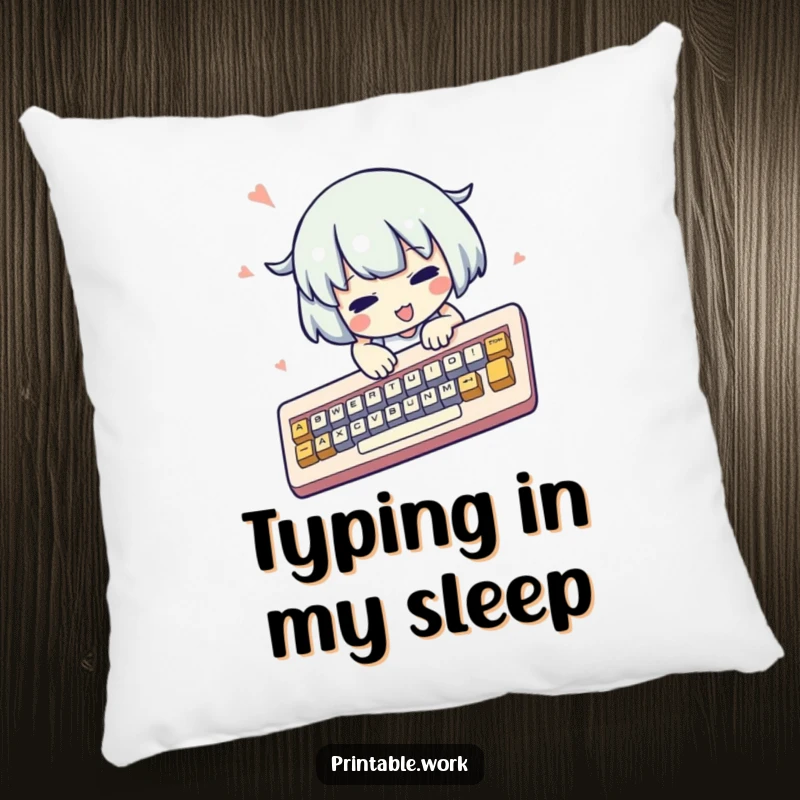 Funny kawaii character pillow, frantically typing on a comically oversized keyboard, cute, soft, humorous home decor, gift.