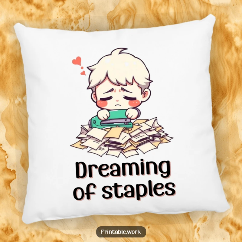 Funny office character pillow, confused trying to staple a pile of loose papers, soft, office humor, relatable, gift.