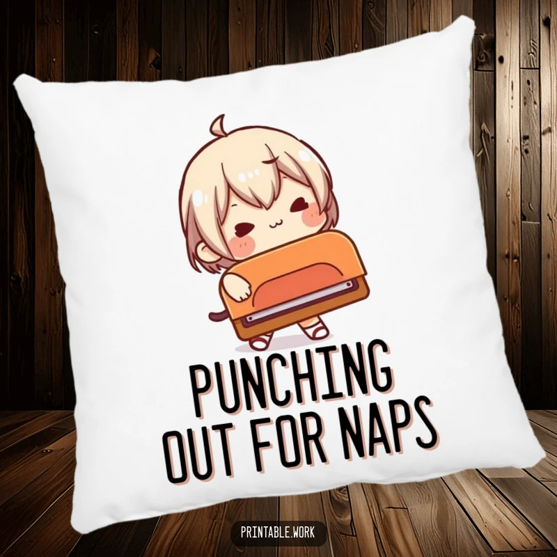 Funny pillow featuring a character comically struggling with an absurdly large hole punch, soft and humorous.