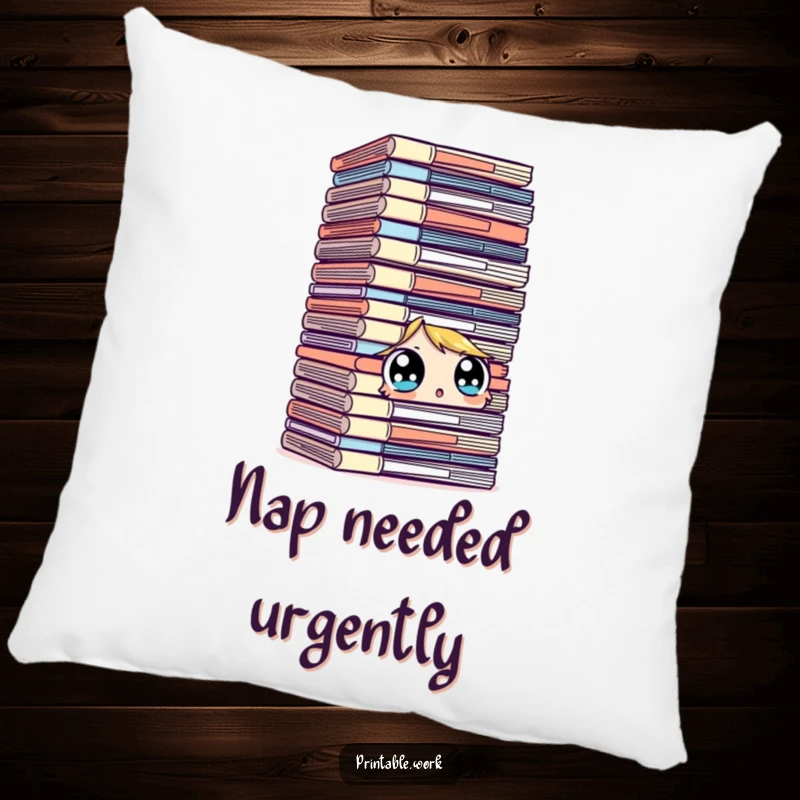 Funny character pillow, surprised looking at a towering stack of files with wide eyes, soft, office humor, overwhelmed, gift.