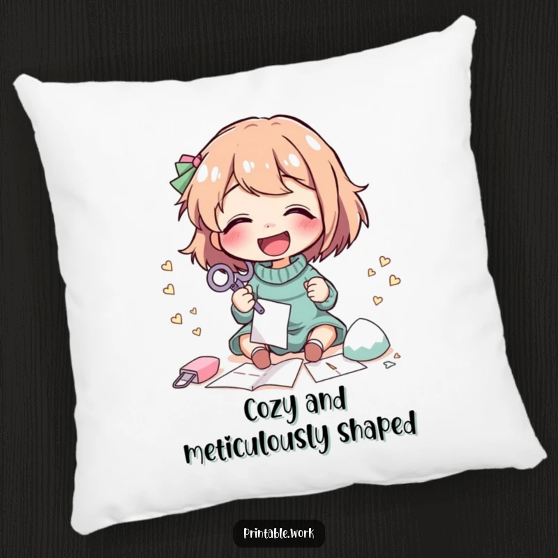Funny Pillow: A character giggles while cutting intricate paper shapes with scissors, providing cozy crafting comfort.