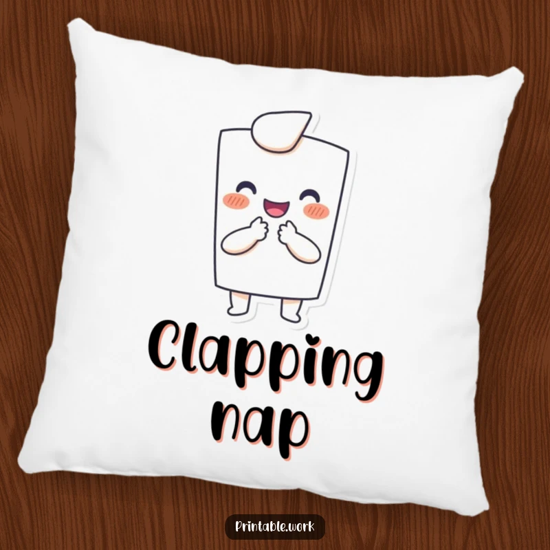 Funny pillow: Happy paper character joyfully clapping with tiny hands, soft and humorous decorative item.