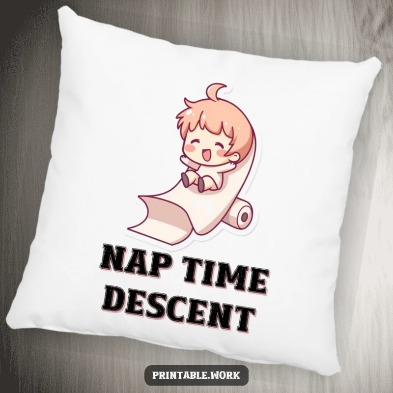 Funny Pillow: Character slides down a paper roll, a whimsical and hilarious depiction of pure, unadulterated fun.