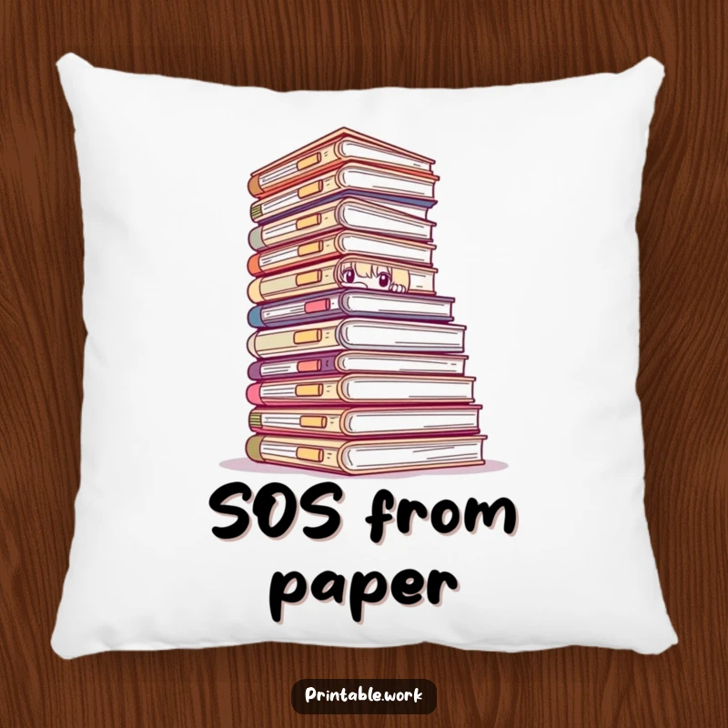 Funny pillow featuring a character peeking shyly from behind a huge stack of documents, offering comfort and a laugh.