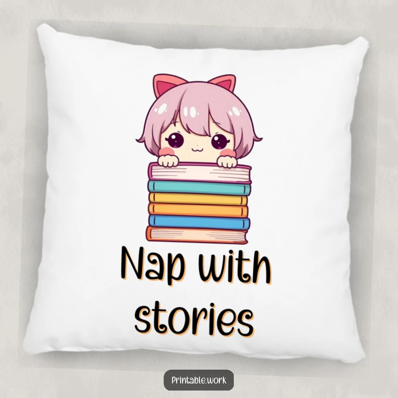 Funny decorative pillow with a cute character peeking from books, offering comfort and a touch of literary humor for a cozy space.
