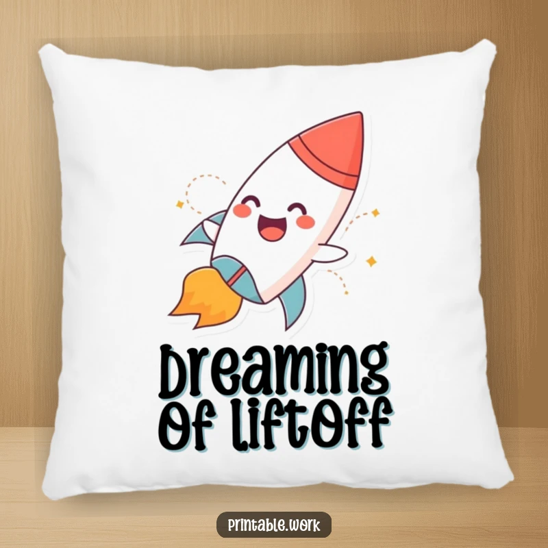 Funny decorative pillow with a giggling paper rocket character with flames blasting off, soft and plush for snuggling.