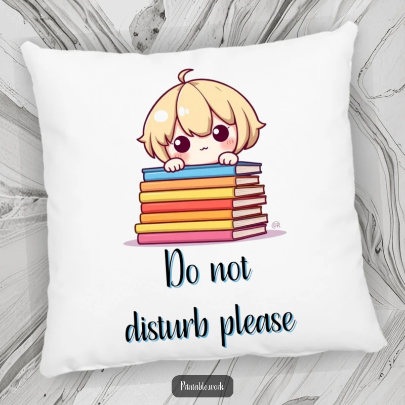 Funny Pillow: Shy Kawaii character peeking around colorful book pages, a soft and humorous decorative item.