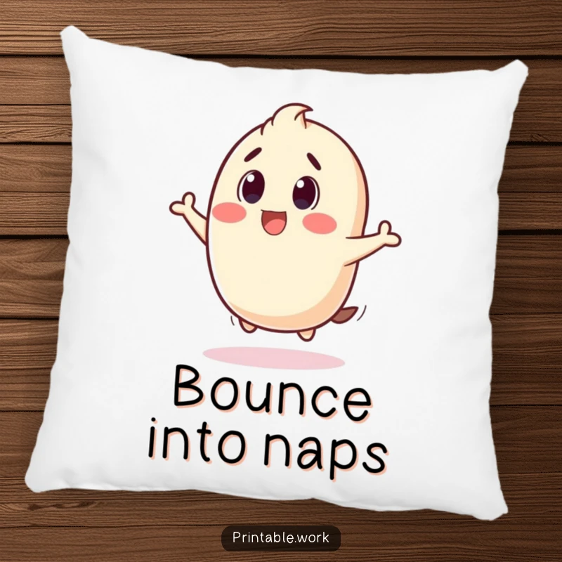 Funny pillow with a stamp character bouncing joyfully, offering comfort and a happy, surprising visual.