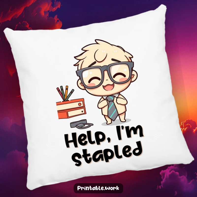 Funny pillow featuring a character accidentally stapling their tie to a desk, a humorous depiction of office clumsiness.