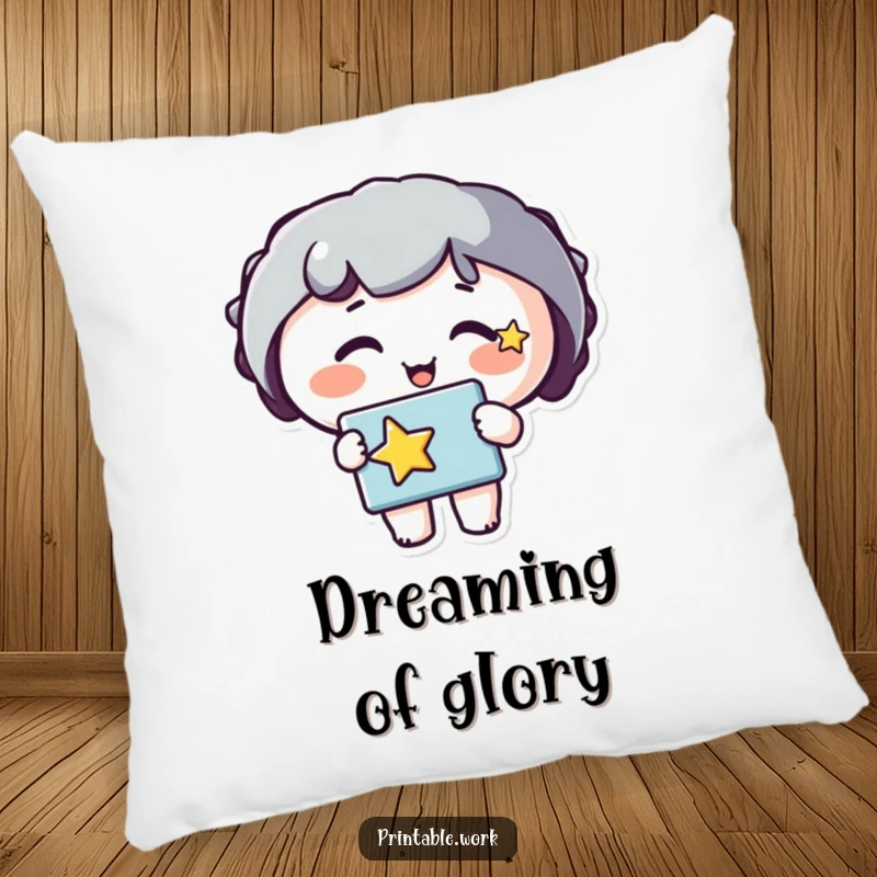 Funny pillow with a happy character, star on cheek, and a stencil. Offers comfort and a touch of artistic flair.