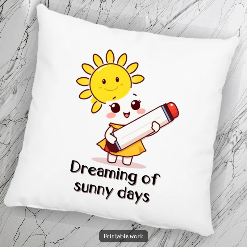 Funny Pillow: A cute character holds a giant marker, drawing a smiling sun, perfect for cozy cheer.