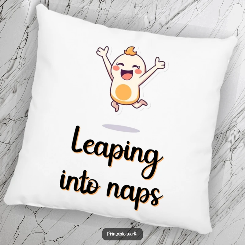Funny pillow with a bouncing character joyfully leaping with a stencil, perfect for adding comfort and energetic, creative vibes.