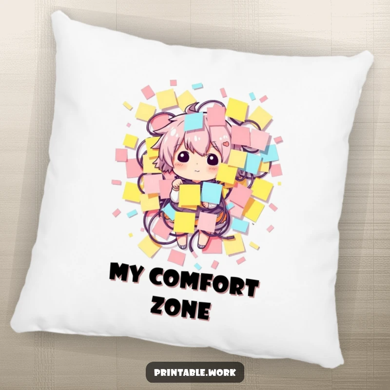 Funny pillow featuring a character comically entangled in sticky notes, perfect for comfortable, humorous relaxation.