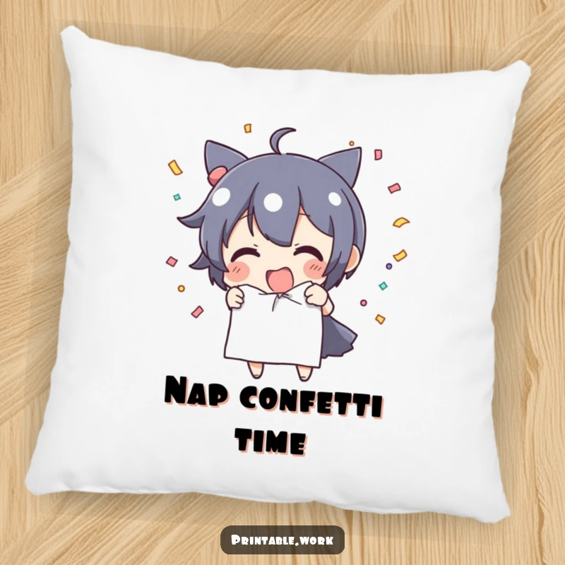 Funny Pillow: Character tears paper releasing confetti, adding a touch of festive humor and comfort.