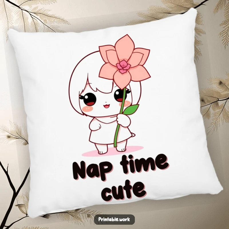 Cute Kawaii pillow featuring a proud character proudly displaying a delicate, handcrafted paper flower, bringing a sense of gentle accomplishment.