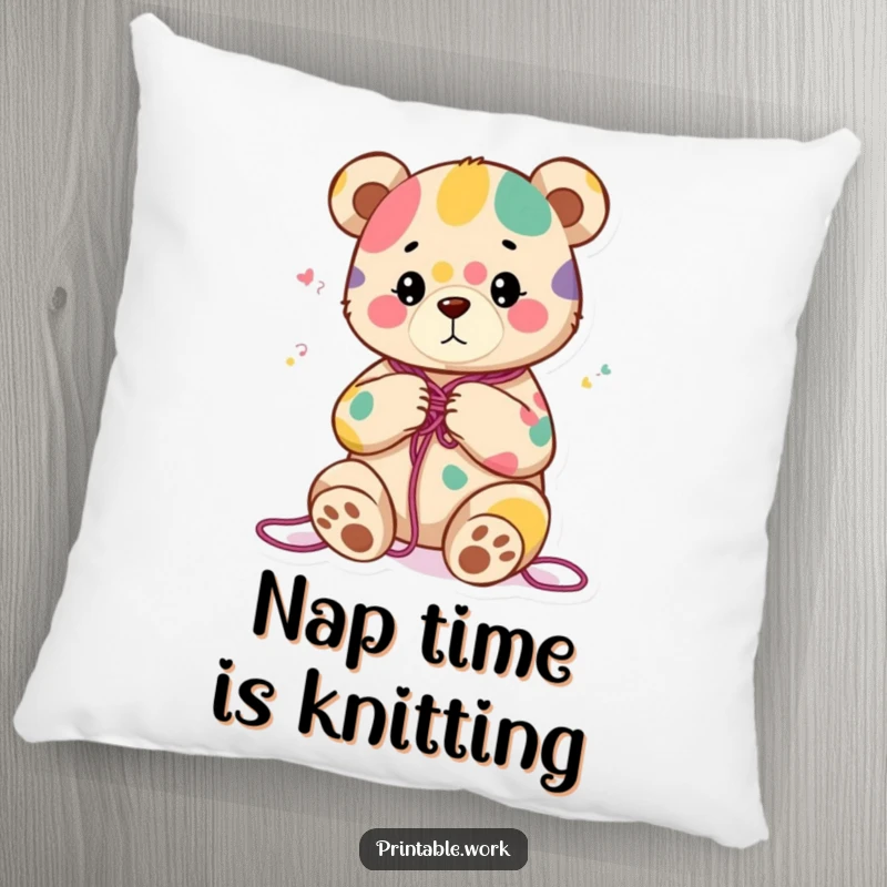 Funny pillow with a content bear character knitting a colorful abstract pattern, offering comfort and a touch of cozy charm.