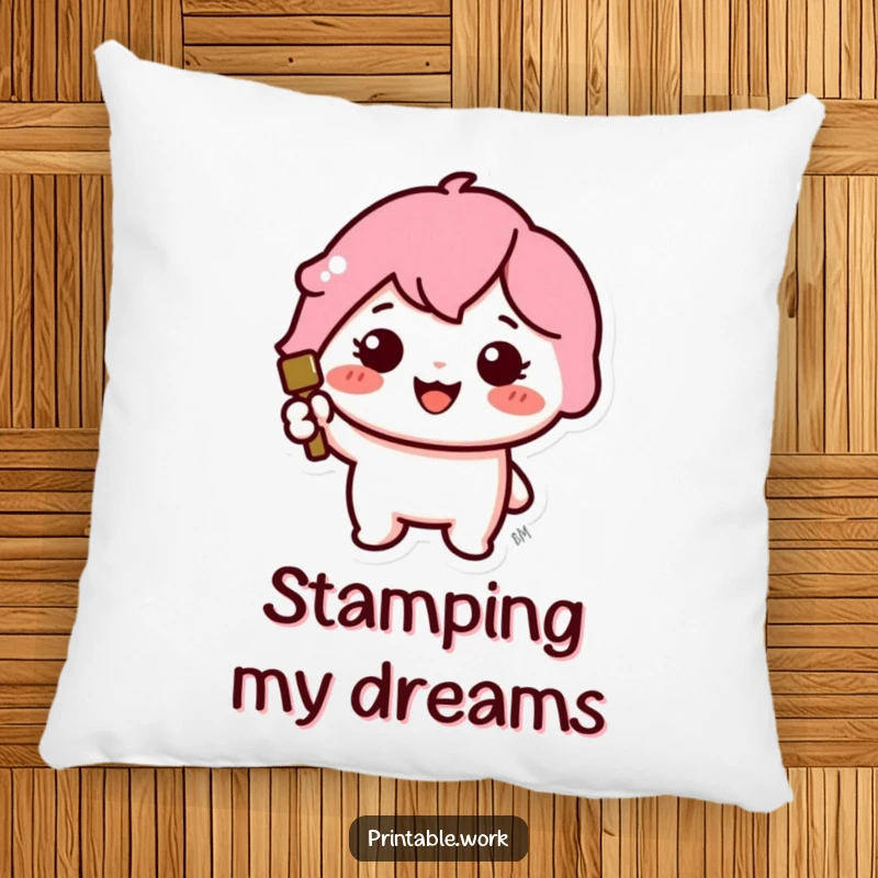 Funny pillow featuring a cute Kawaii character happily stamping a large, colorful icon.