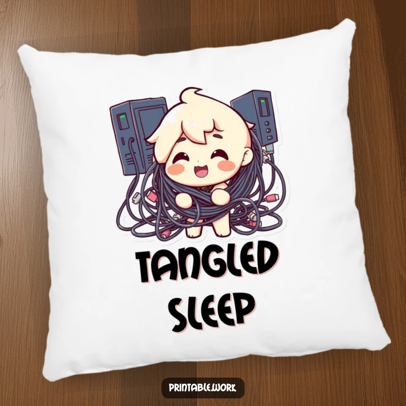 Funny pillow featuring a cheerful character entangled in a mess of computer cables, a humorous depiction of tech frustration.