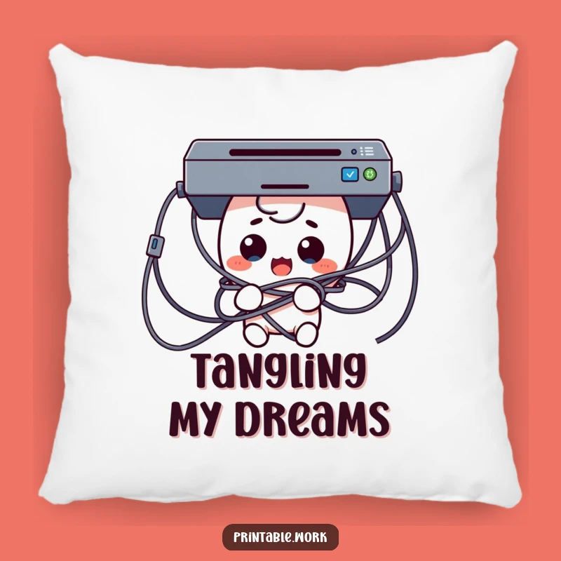 Funny Tech Trouble Pillow: Cozy Surprised Kawaii Character in Cables Comfort Gift