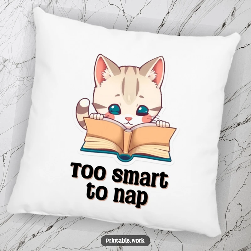 Funny pillow with a curious cat character absorbed in reading a miniature book. Adds a touch of humor and comfort.
