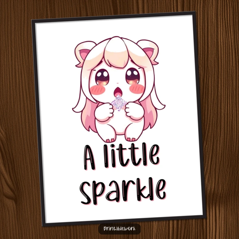 Funny digital art print of a character surprised by a single shimmering glitter flake, perfect for instant, whimsical decor download.