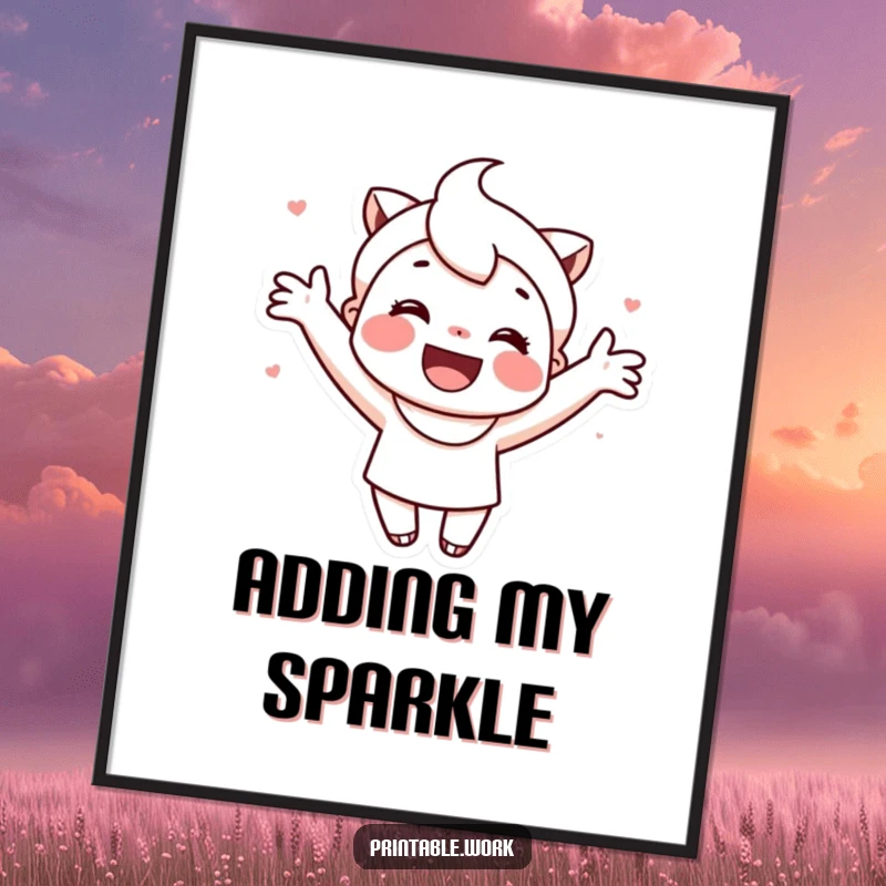 Funny digital art print of a cute, smiling character enthusiastically decorating a printable with colorful markers and stickers.